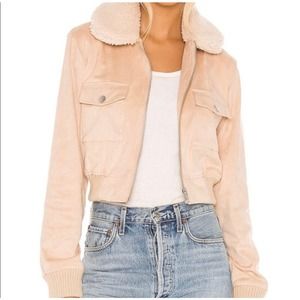 REVOLVE Majorelle Cropped Sherpa Collar Suede Bomber Jacket Sand Beige Size XXS